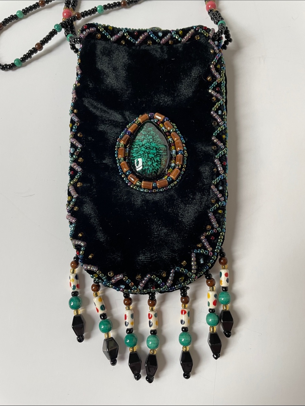 Vintage silk & Black Velvet Beaded Crossbody Pouch with Turquoise Accent - Picture 1 of 8